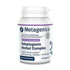 Metagenics Adaptogenic Herbal Complex capsules with Ashwagandha and Rhodiola for stress relief and energy support.