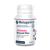 Product bottle of Metagenics Broccoli Plus, a women's health food supplement featuring TrueBroc derived from broccoli seeds, 60 capsules.