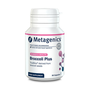 Product bottle of Metagenics Broccoli Plus, a women's health food supplement featuring TrueBroc derived from broccoli seeds, 60 capsules.