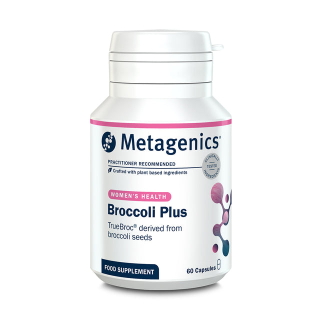 Product bottle of Metagenics Broccoli Plus, a women's health food supplement featuring TrueBroc derived from broccoli seeds, 60 capsules.