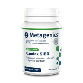 Metagenics Candex SIBO gut health supplement, 45 capsules to support microbial balance and digestive comfort.