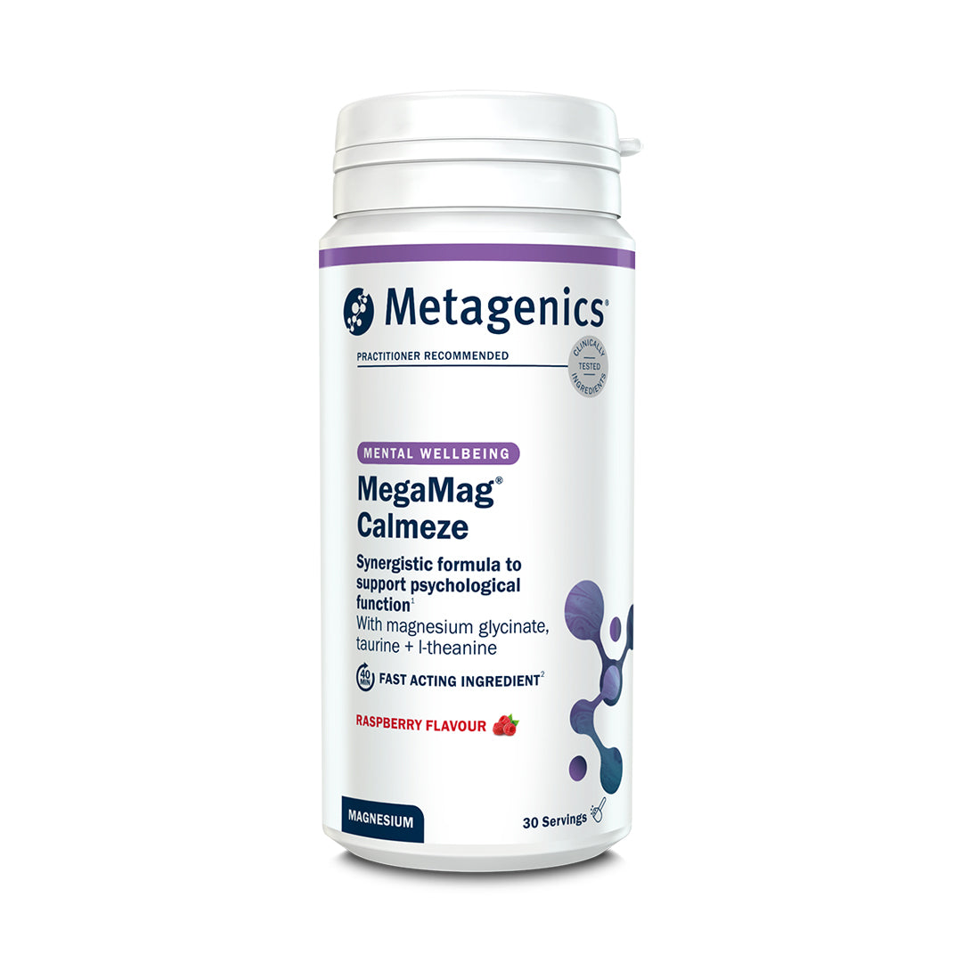 Metagenics MegaMag Calmeze raspberry flavour mental wellbeing supplement, 30 servings with magnesium glycinate, taurine, and l-theanine.