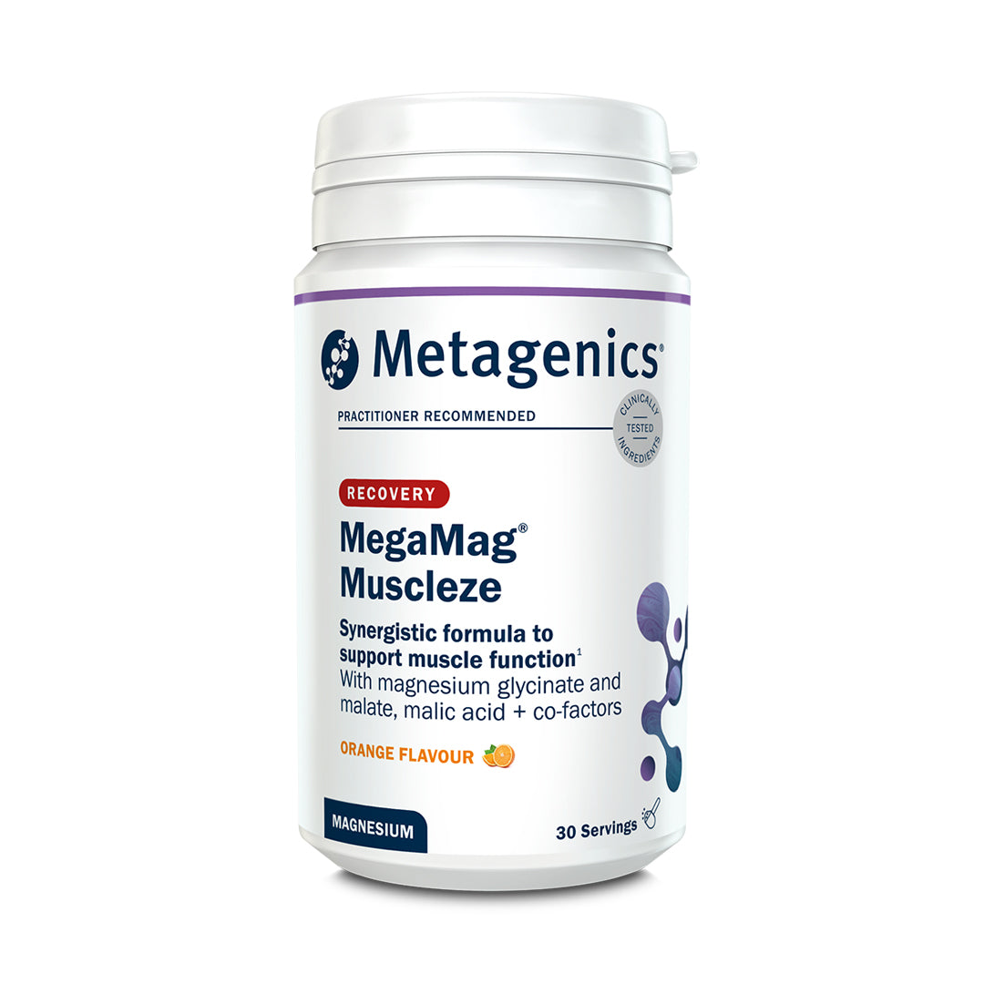 Metagenics MegaMag Muscleze orange flavour recovery supplement, 30 servings with magnesium glycinate and malate to support muscle function.