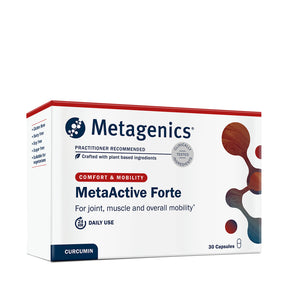 Product packaging for Metagenics MetaActive Forte, a curcumin-based supplement for joint and muscle mobility support, containing 30 capsules.