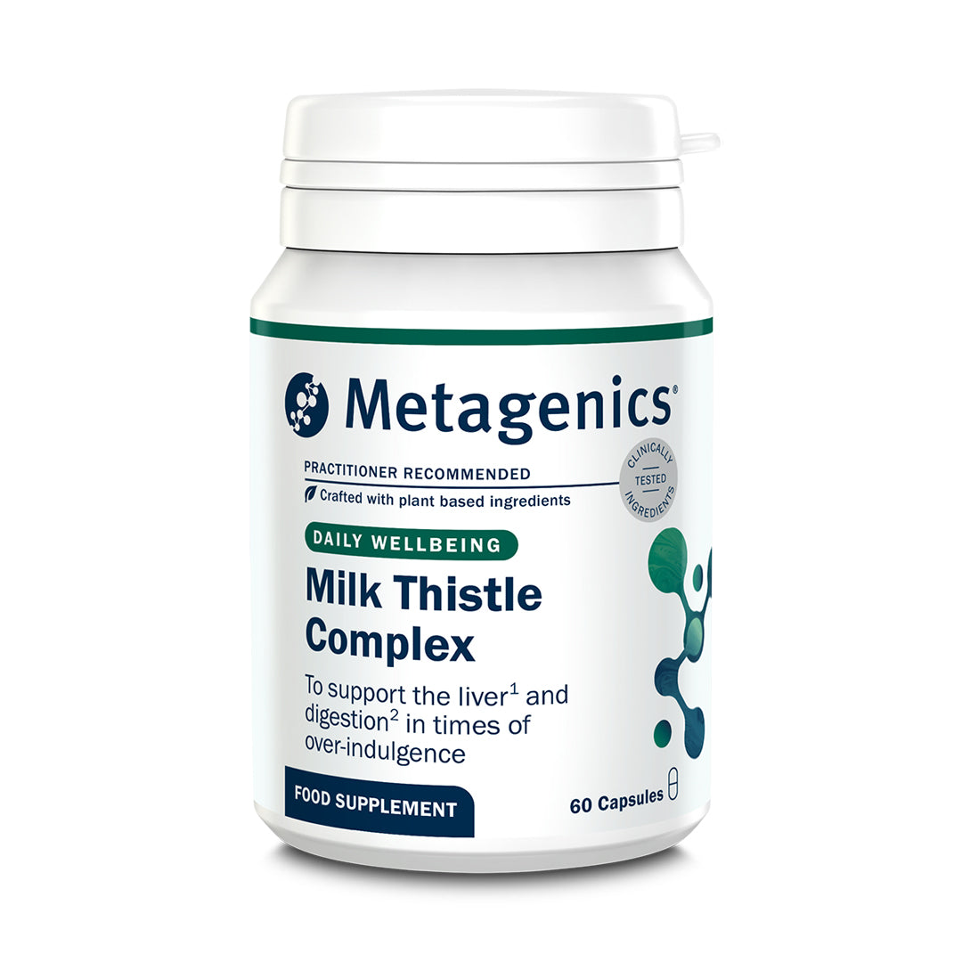 Metagenics Milk Thistle Complex daily wellbeing supplement, 60 capsules to support liver and digestion.