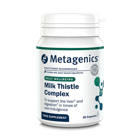 Metagenics Milk Thistle Complex daily wellbeing supplement, 60 capsules to support liver and digestion.
