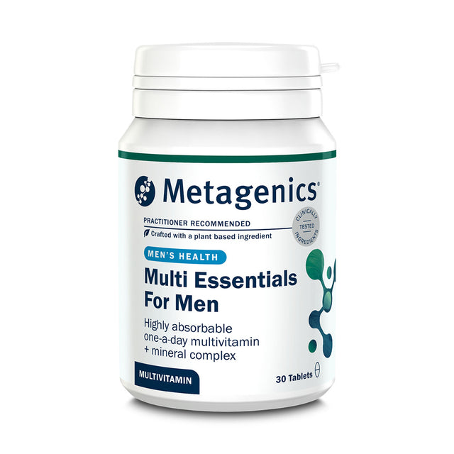 Metagenics Multi Essentials For Men, 30 tablets. A highly absorbable one-a-day multivitamin and mineral complex for men's health.
