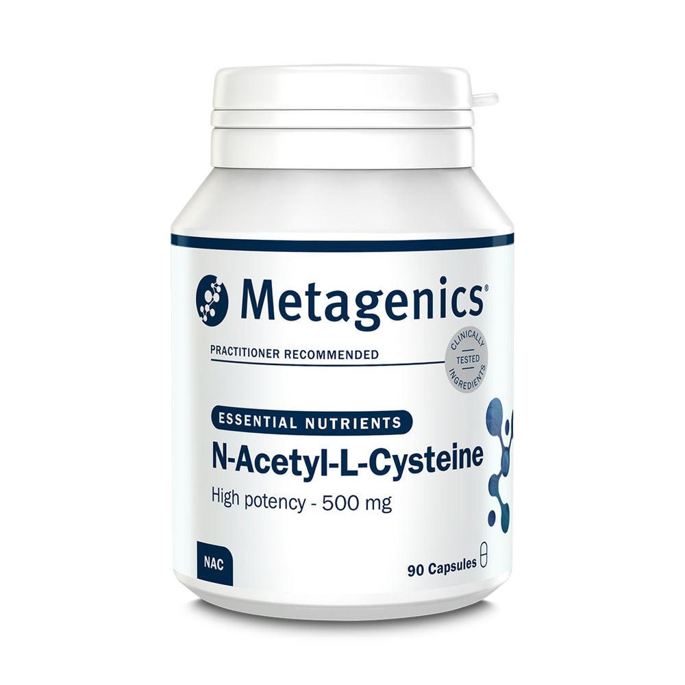 Metagenics N-Acetyl-L-Cysteine supplement bottle on a white background