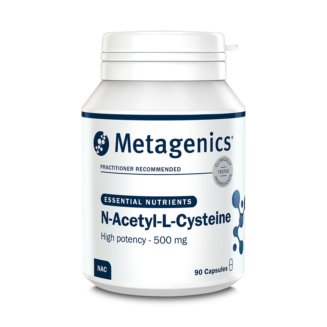 Metagenics N-Acetyl-L-Cysteine supplement bottle on a white background