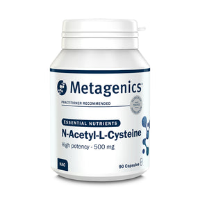 Metagenics N-Acetyl-L-Cysteine supplement bottle on a white background