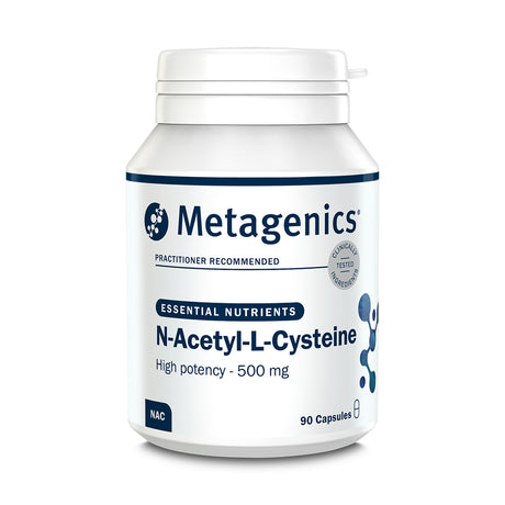 Metagenics N-Acetyl-L-Cysteine supplement bottle on a white background