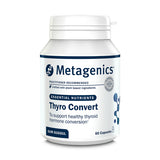 Product bottle of Metagenics Thyro Convert, an essential nutrient supplement with gum guggul designed to support healthy thyroid hormone conversion, 60 capsules.