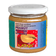 A glass jar of Monki Crunchy Peanut Butter with a white lid, featuring a colorful label that states it is "made from certified organically grown peanuts.