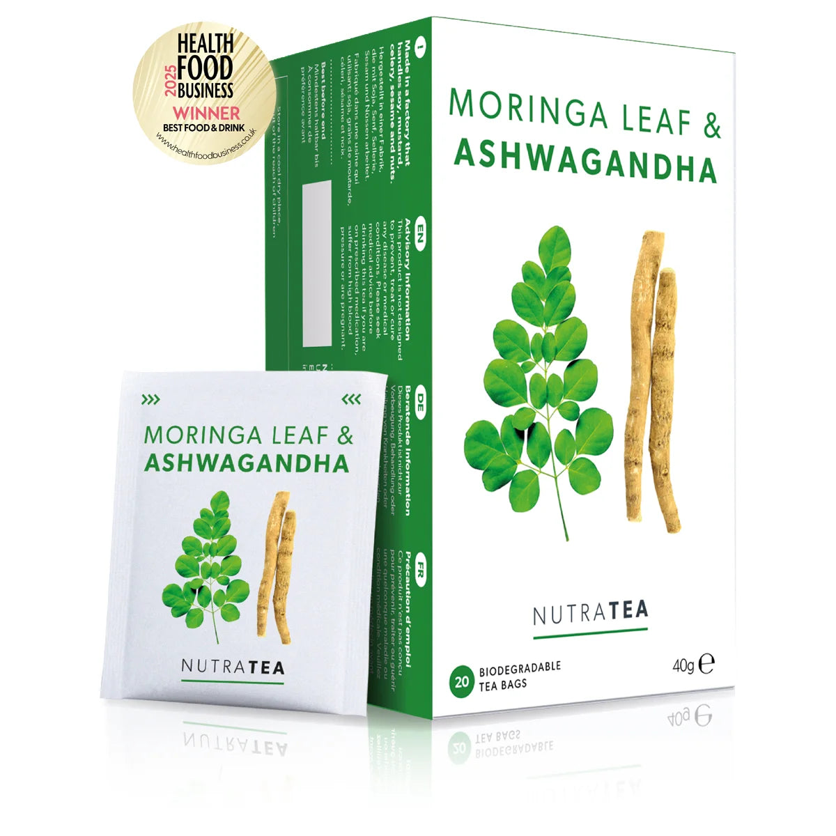 NutraTea Moringa Leaf & Ashwagandha herbal tea, 20 biodegradable tea bags, 2025 Health Food Business award winner.