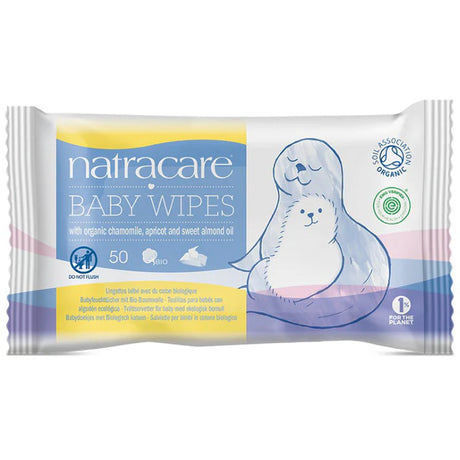 "Natracare organic cotton baby wipes, 50-count pack, infused with organic chamomile, apricot, and sweet almond oil, featuring a seal illustration on the packaging."