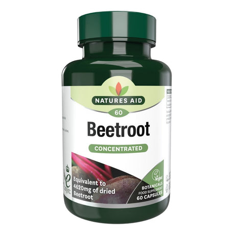 Natures Aid Beetroot Concentrated food supplement, 60 capsules bottle equivalent to 4620mg of dried beetroot.