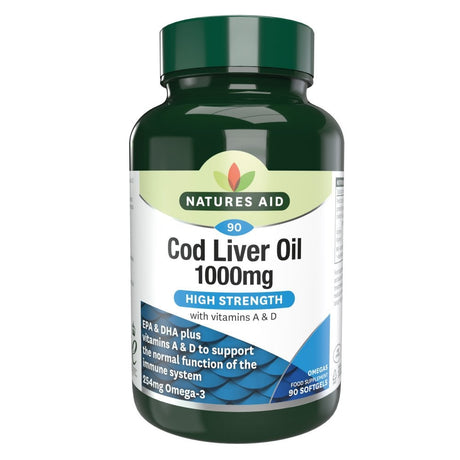 Natures Aid Cod Liver Oil 1000mg supplement bottle on a white background