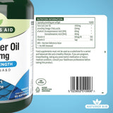 Natures Aid Cod Liver Oil supplement bottle  nutritional information with label on a blue background