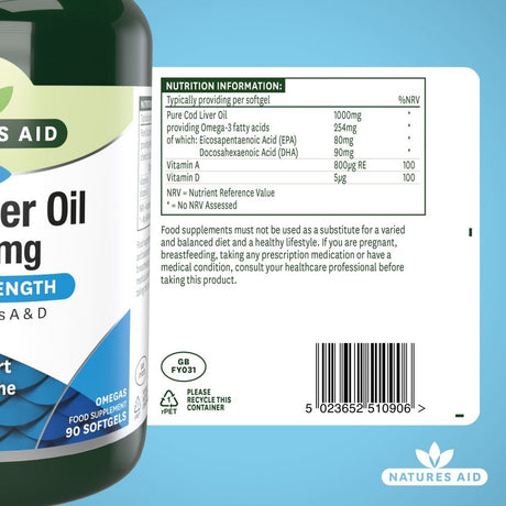 Natures Aid Cod Liver Oil supplement bottle  nutritional information with label on a blue background