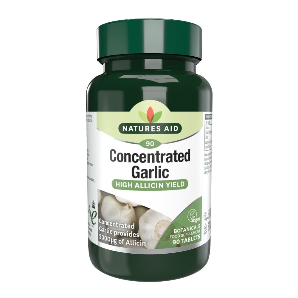 Natures Aid Concentrated Garlic High Allicin Yield food supplement bottle, 90 tablets, providing 2000mcg of Allicin.