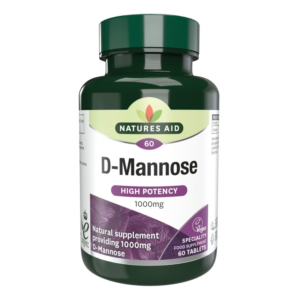 Green bottle labeled "Natures Aid D-Mannose." Text highlights "High Potency, 1000mg, 60 Tablets," reflecting a natural dietary supplement.
