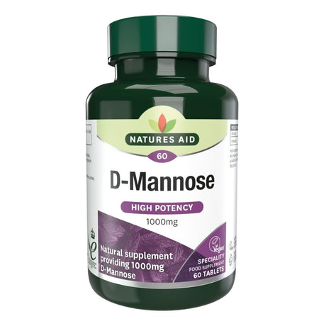 Green bottle labeled "Natures Aid D-Mannose." Text highlights "High Potency, 1000mg, 60 Tablets," reflecting a natural dietary supplement.