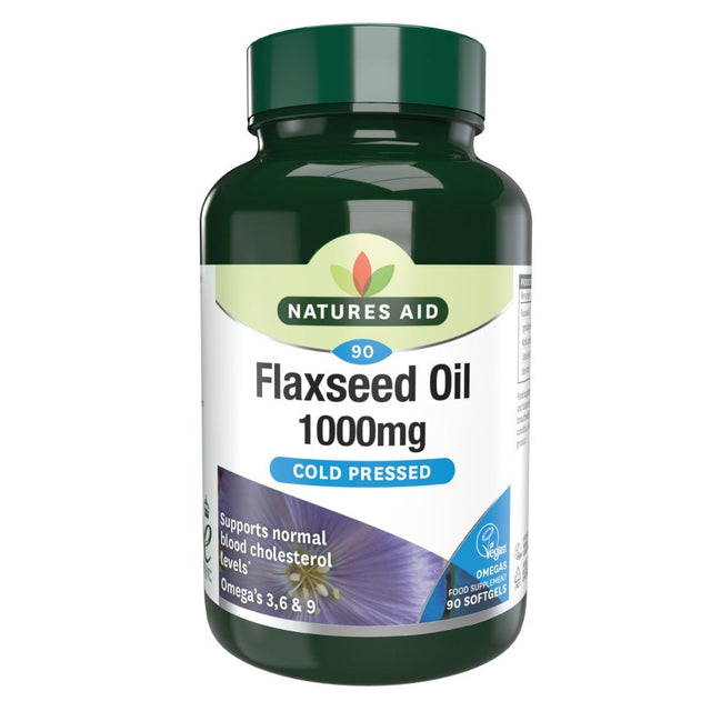 Natures Aid Flaxseed Oil 1000mg cold pressed food supplement bottle, 90 vegan softgels, supports normal blood cholesterol levels with Omegas 3, 6, and 9.