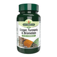Natures Aid Ginger, Turmeric & Bromelain 3-in-1 Formula food supplement bottle, 60 vegan tablets, natural botanical blend.