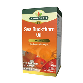 Natures Aid Sea Buckthorn Oil 500mg Omegas Food Supplement, 60 softgels box with high levels of Omega-7.