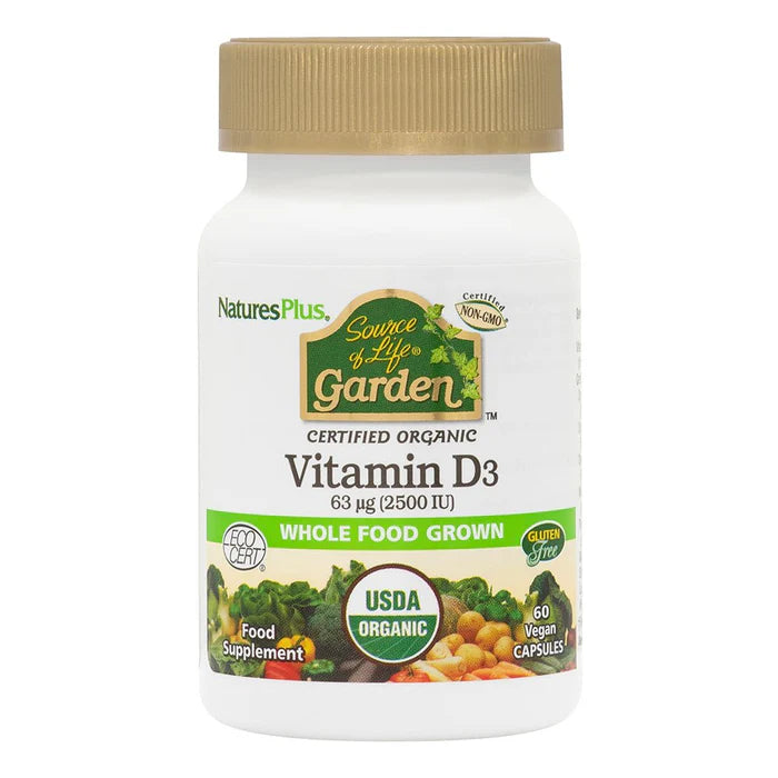 Nature's Plus Source of Life Garden Organic Vitamin D3 capsules 2500 IU for immune support and bone health 60 capsules.