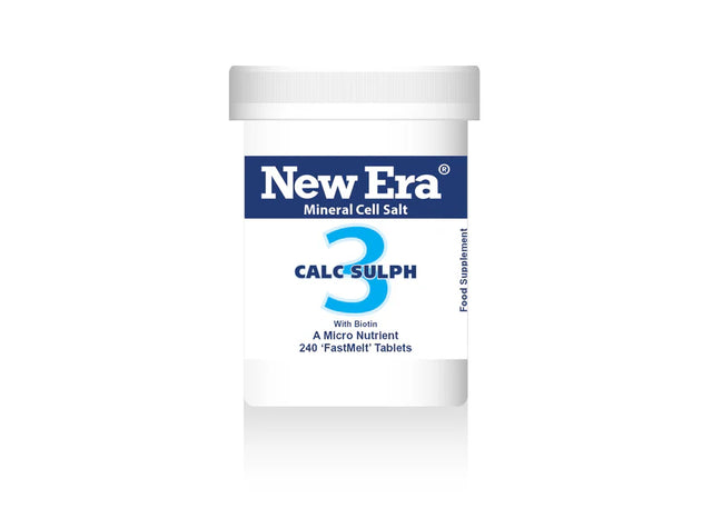 New Era Mineral Cell Salt 3 Calc Sulph with Biotin, 240 FastMelt tablets bottle food supplement.