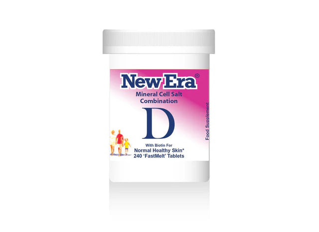 New Era Mineral Cell Salt Combination D with Biotin for normal healthy skin, 240 FastMelt tablets bottle food supplement.