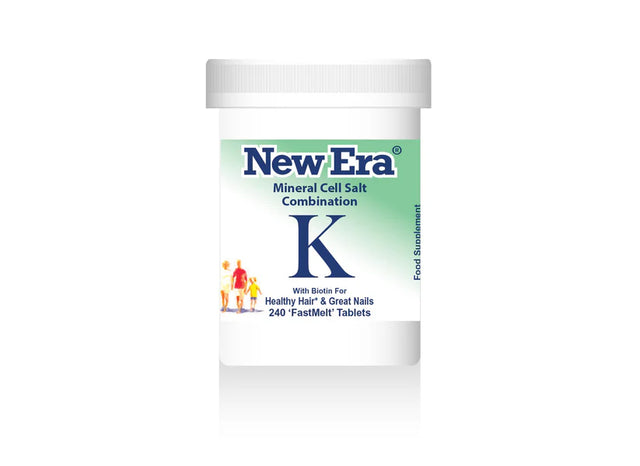 New Era Mineral Cell Salt Combination K with Biotin for healthy hair and great nails, 240 FastMelt tablets bottle.