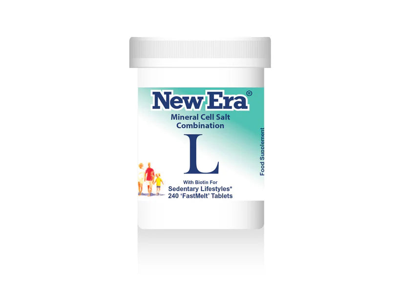 New Era Mineral Cell Salt Combination L with Biotin for sedentary lifestyles, 240 FastMelt tablets bottle.