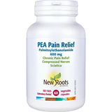 White supplement bottle labeled 'PEA Pain Relief' by New Roots Herbal on a white background