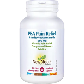 White supplement bottle labeled 'PEA Pain Relief' by New Roots Herbal on a white background