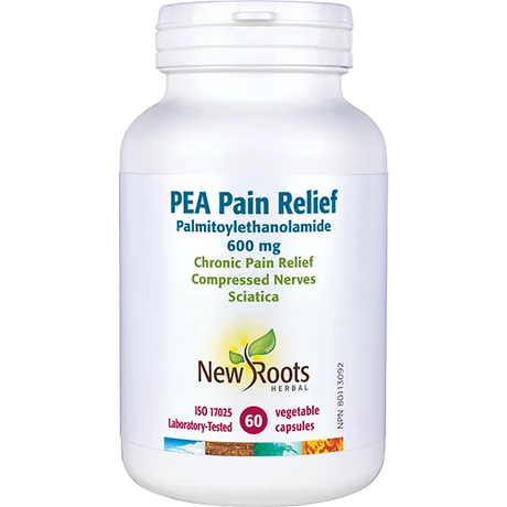 White supplement bottle labeled 'PEA Pain Relief' by New Roots Herbal on a white background