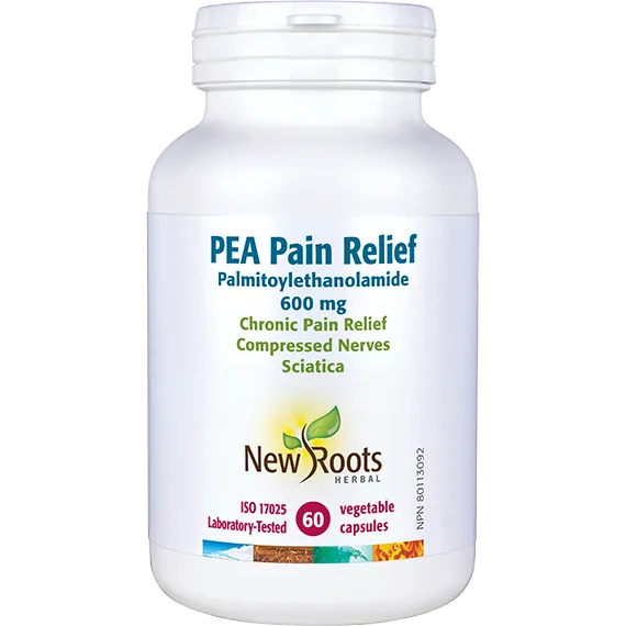 White supplement bottle labeled 'PEA Pain Relief' by New Roots Herbal on a white background