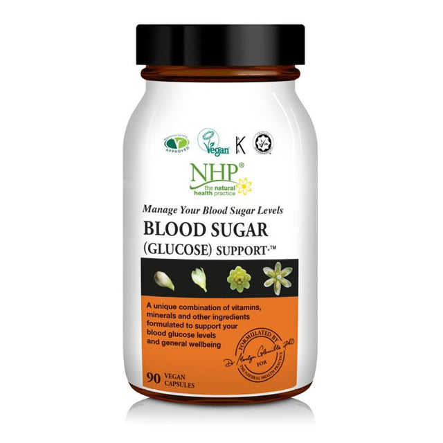 NHP Blood Sugar Support capsules for glucose balance and energy metabolism 60 pack vegan formula by Dr Marilyn Glenville.