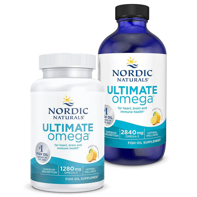 Nordic Naturals Ultimate Omega 1280 mg fish oil softgels with EPA and DHA for heart, brain, and immune support.