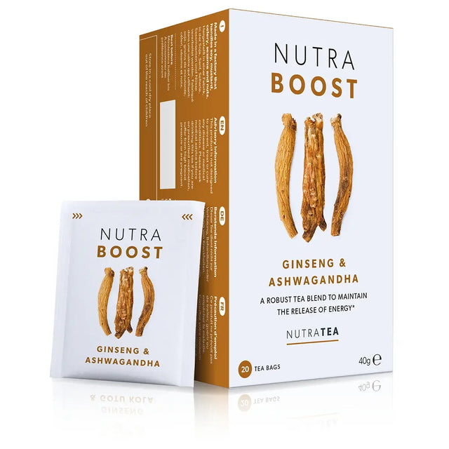 NutraBoost Herbal Tea bags for natural energy and focus 20 pack caffeine blend with Ginseng and Ashwagandha.