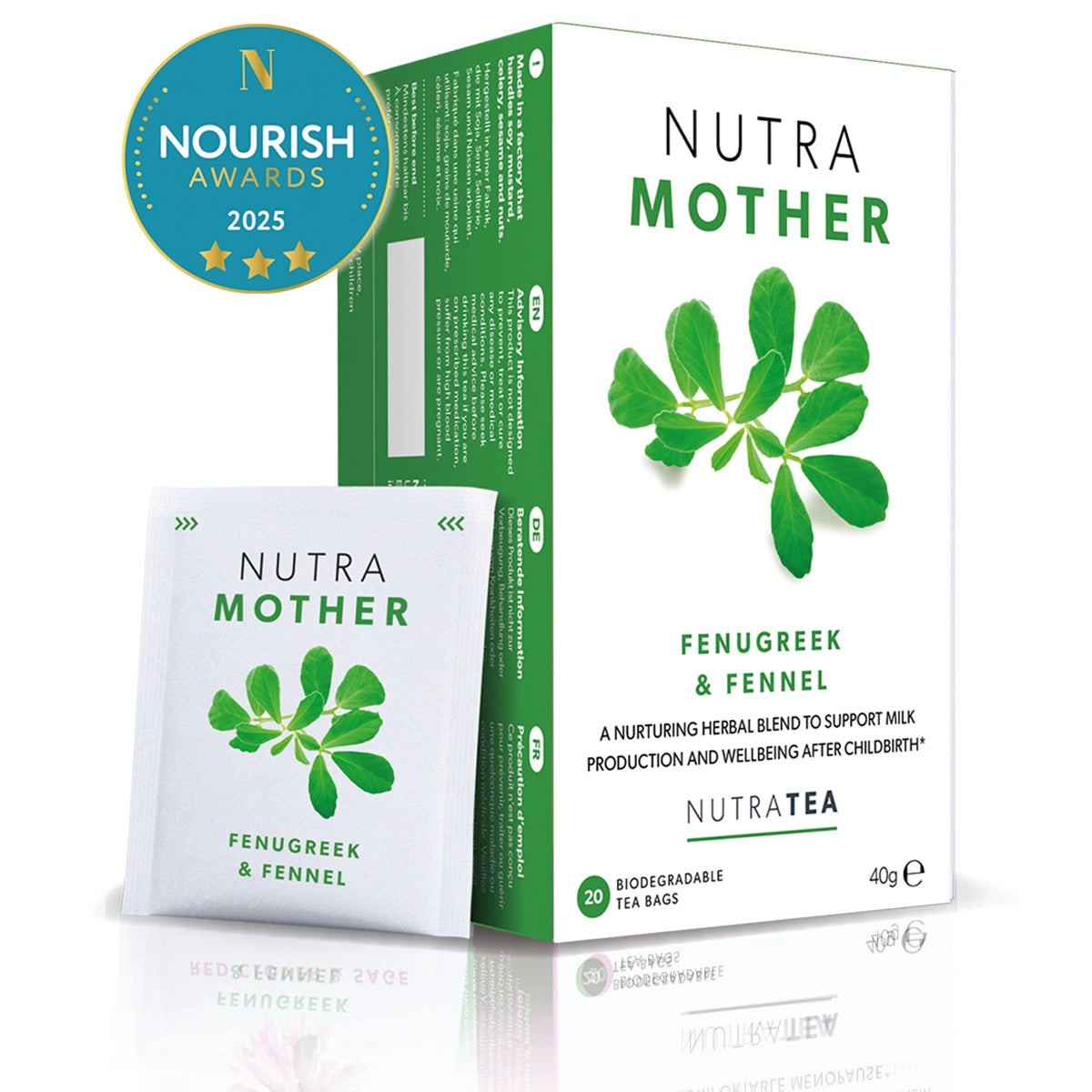 NutraMother Herbal Tea bags for breastfeeding support and lactation 20 pack caffeine free Fenugreek and Fennel blend.