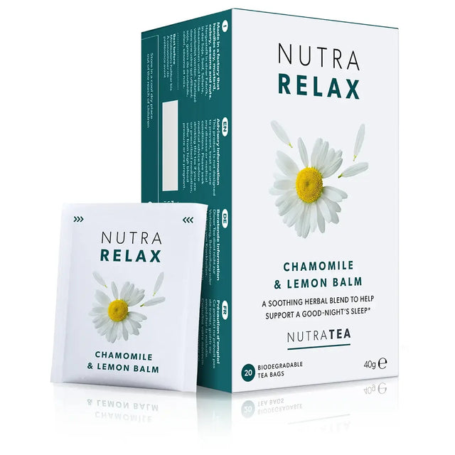 Nutra Relax Chamomile & Lemon Balm tea by NutraTea, 20 biodegradable tea bags box and sachet for sleep support.
