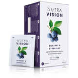 NutraVision Bilberry & Eyebright tea blend by NutraTea, 20 tea bags box and individual sachet for eye health support.
