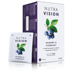 NutraVision Bilberry & Eyebright tea blend by NutraTea, 20 tea bags box and individual sachet for eye health support.