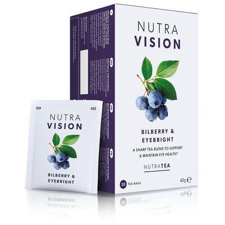 NutraVision Bilberry & Eyebright tea blend by NutraTea, 20 tea bags box and individual sachet for eye health support.