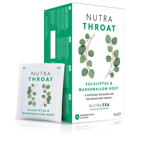 NutraTea Nutra Throat eucalyptus and marshmallow root soothing tea blend, 20 biodegradable tea bags.