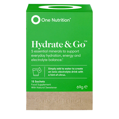 One Nutrition Hydrate & Go electrolyte drink mix with 5 essential minerals, 15 sachets citrus flavored food supplement.