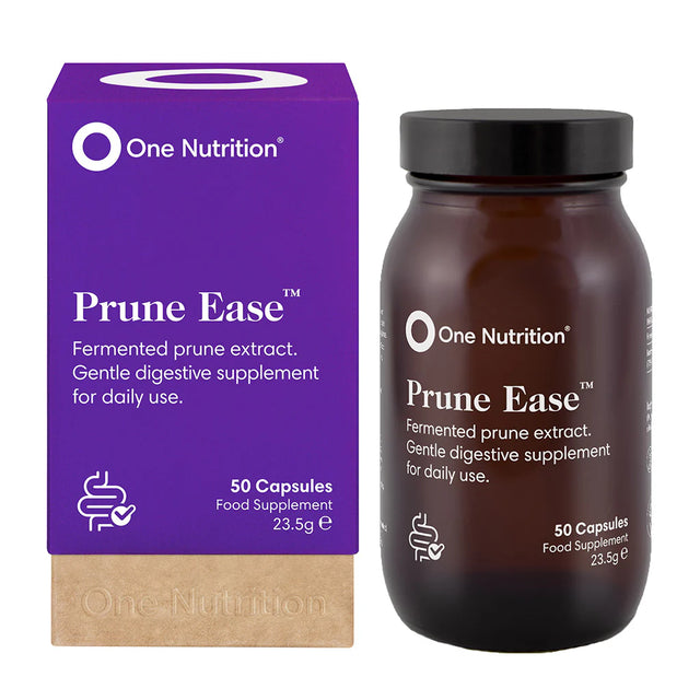 One Nutrition Prune Ease fermented prune extract digestive supplement, 50 capsules for daily use.