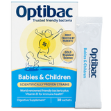 Optibac Babies & Children digestive supplement, 30 sachets box and individual sachet with friendly bacteria and Vitamin D.